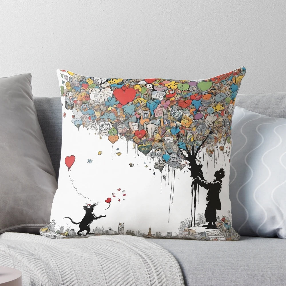 A vibrant street art inspired pillow featuring bold brushstrokes and contemporary design.