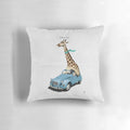 A colorful and imaginative pillow featuring a giraffe driving a vintage Citroen 2CV car, surrounded by nature and sketches.