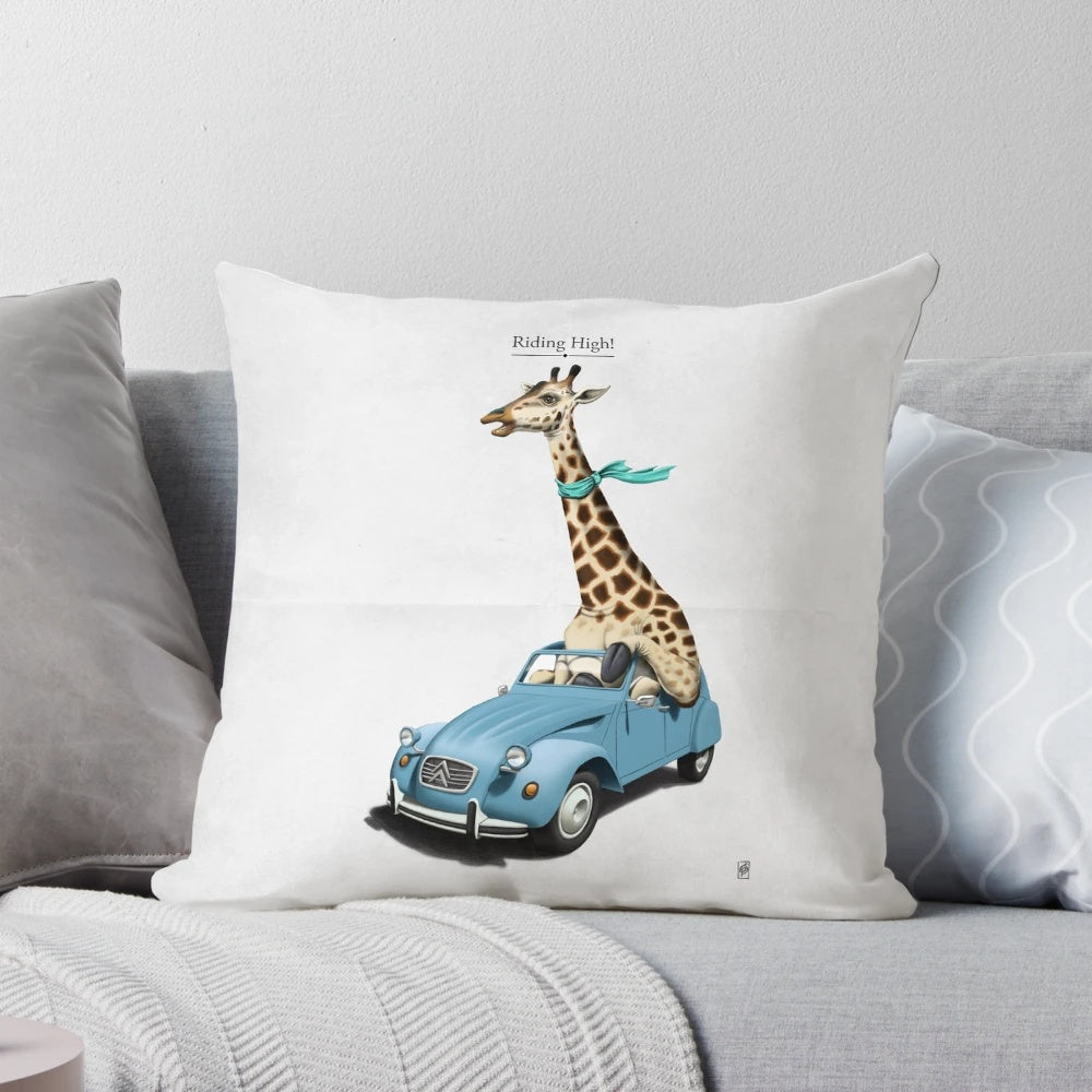 A colorful and imaginative pillow featuring a giraffe driving a vintage Citroen 2CV car, surrounded by nature and sketches.