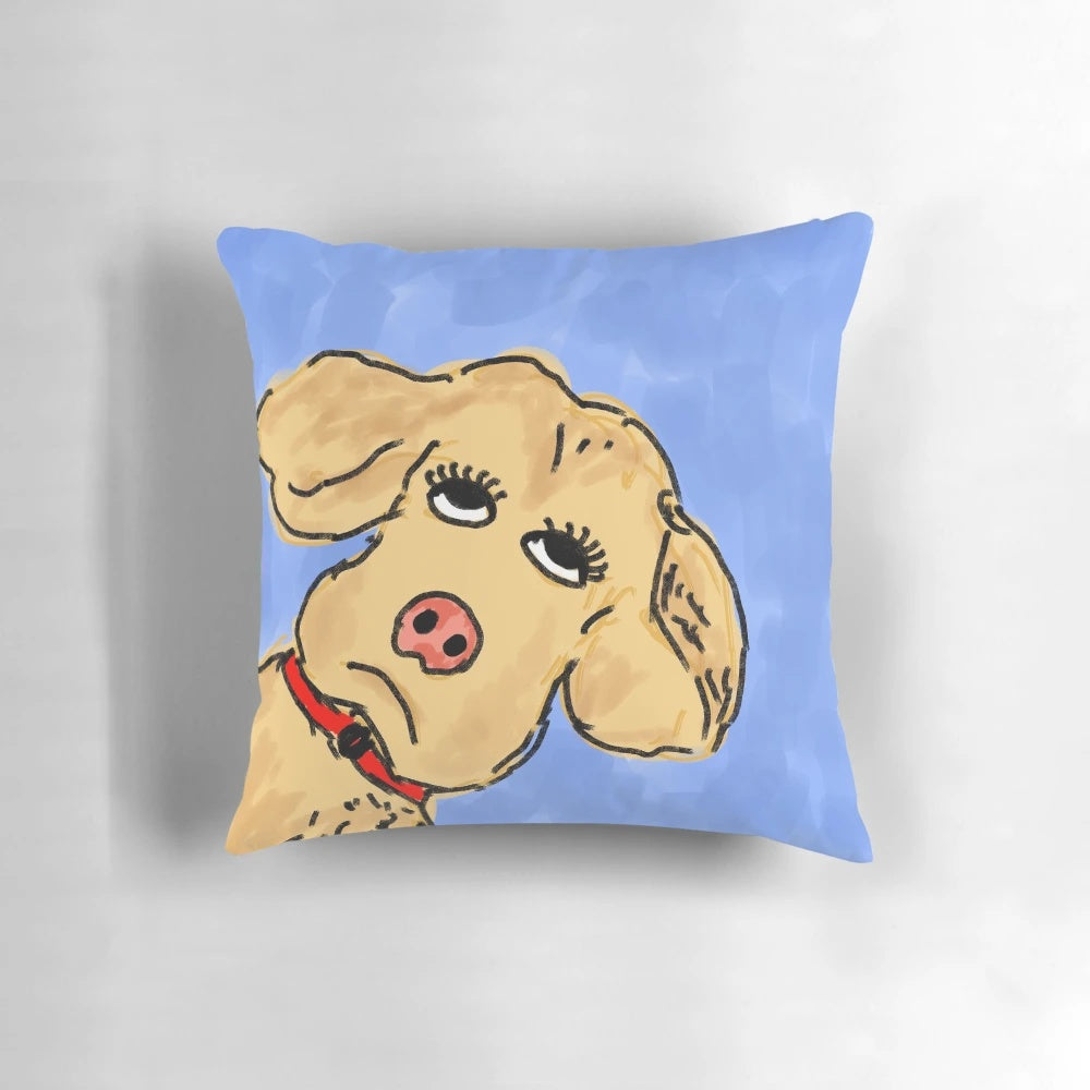 Illustration of a sassy, eye-rolling dog on a decorative pillow