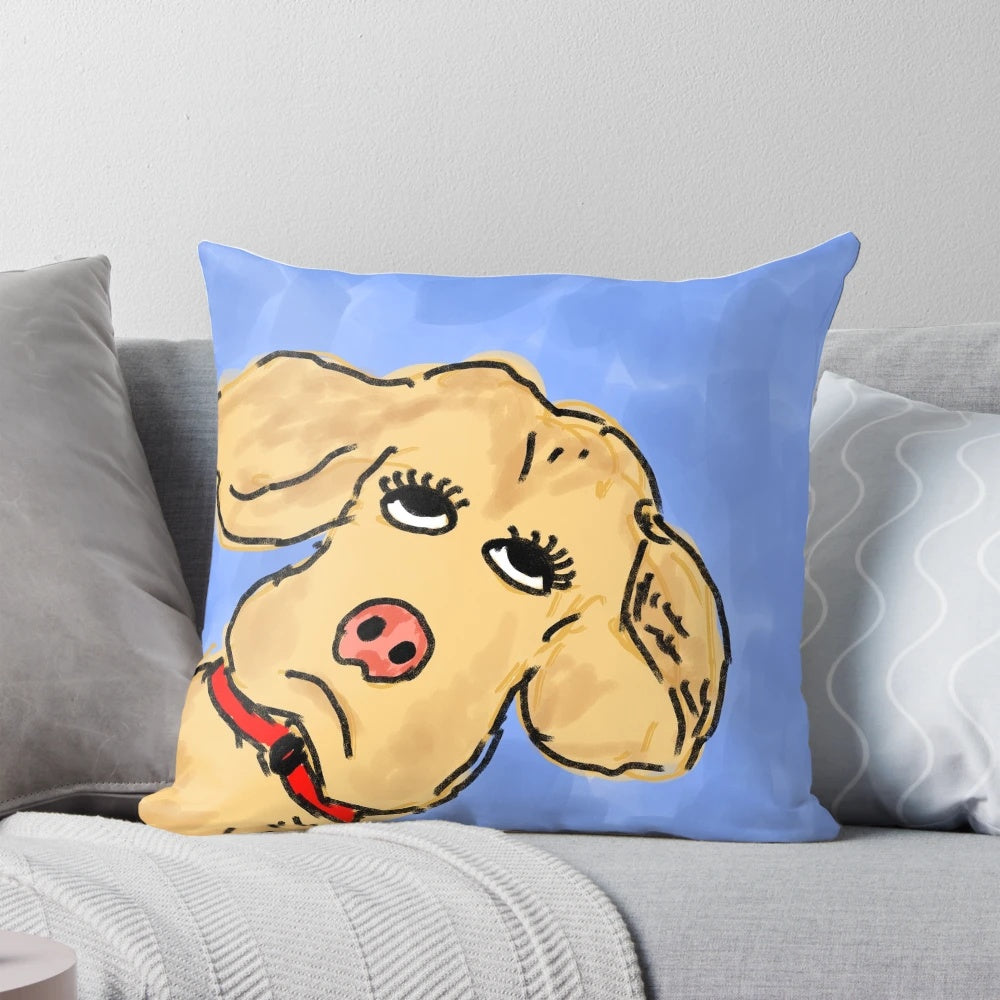 Illustration of a sassy, eye-rolling dog on a decorative pillow
