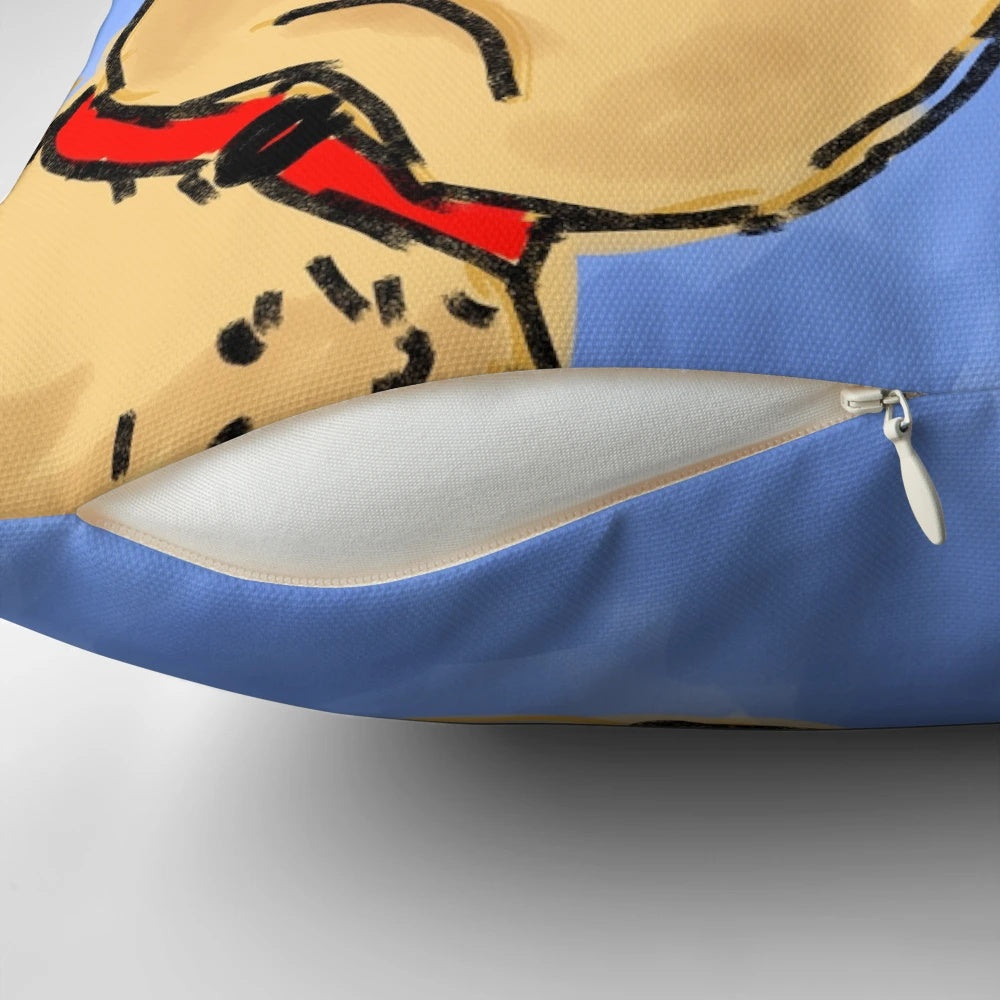 Illustration of a sassy, eye-rolling dog on a decorative pillow