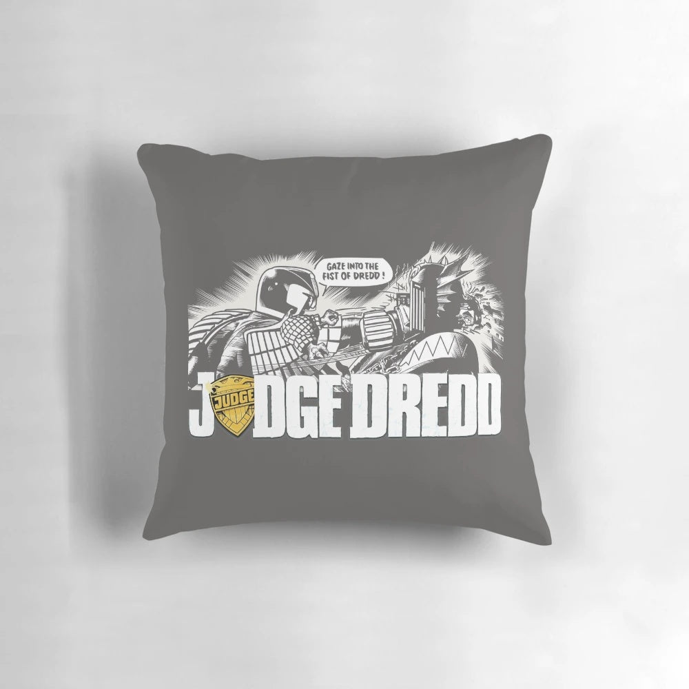A stylish Judge Dredd-inspired pillow featuring the iconic character from the 2000AD comic series.