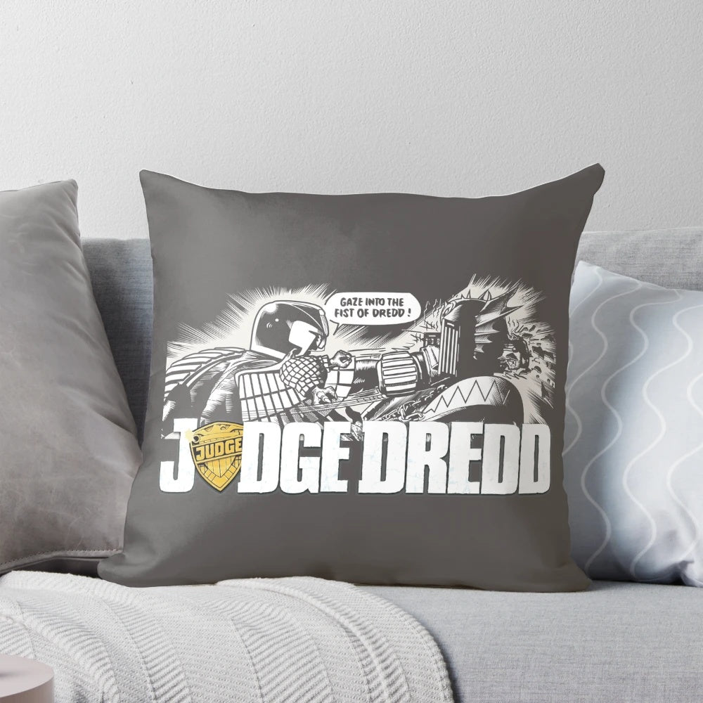 A stylish Judge Dredd-inspired pillow featuring the iconic character from the 2000AD comic series.