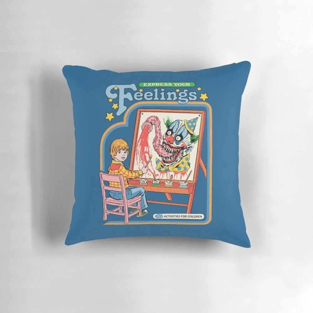 Retro-inspired pillow design featuring a creepy clown image for expressing your feelings