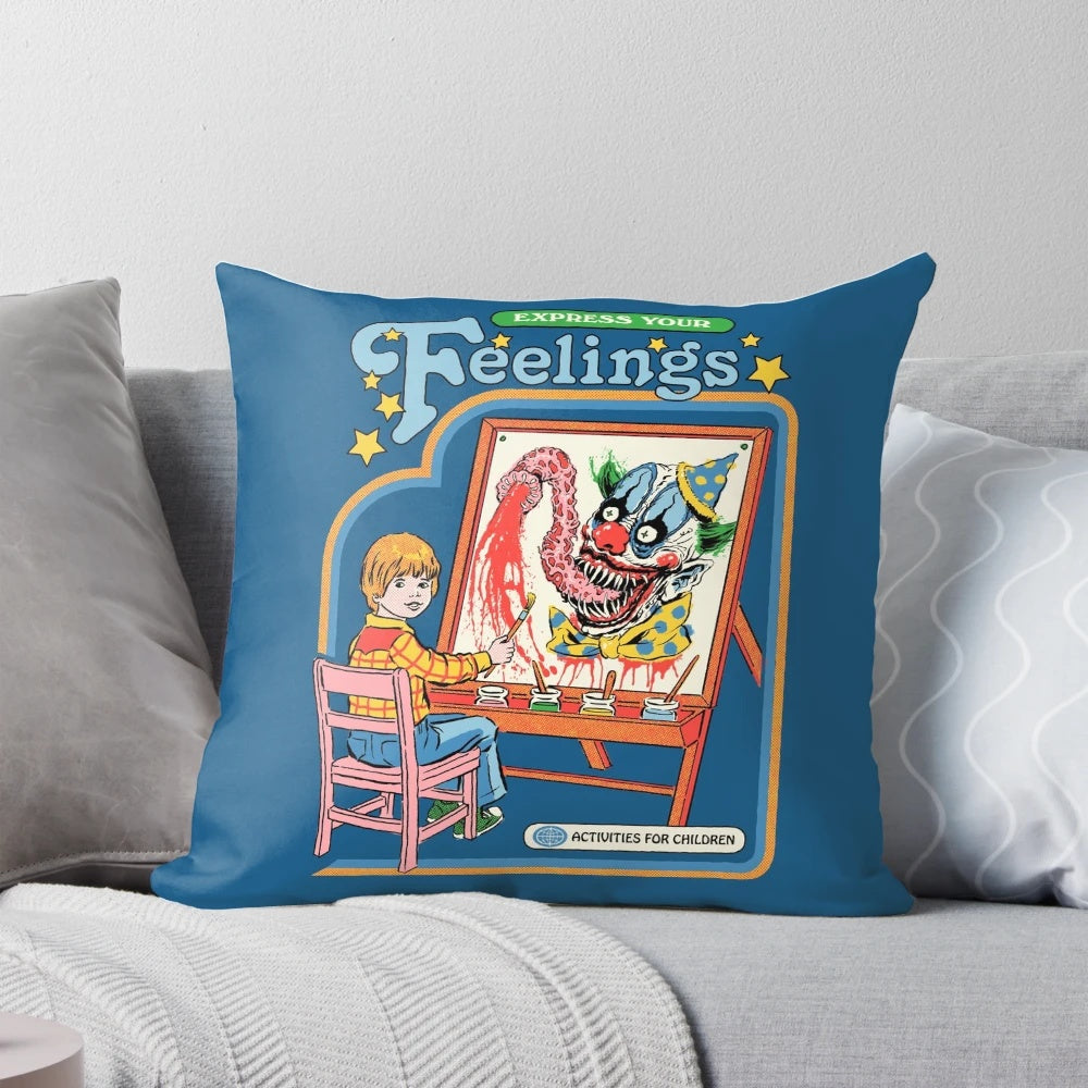 Retro-inspired pillow design featuring a creepy clown image for expressing your feelings