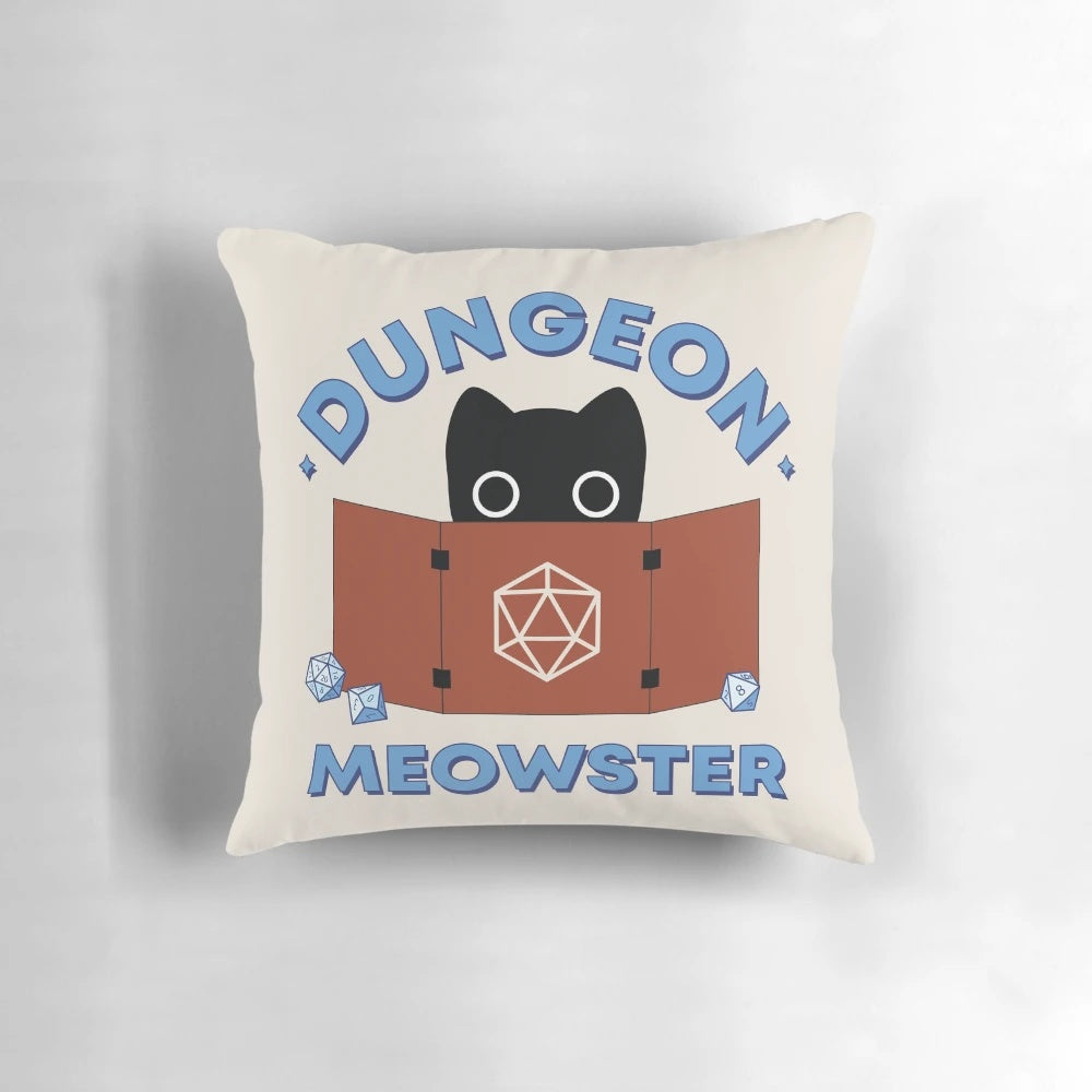 Dungeon Meowster Screen Pillow featuring a black cat and polyhedral dice