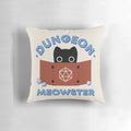 Dungeon Meowster Screen Pillow featuring a black cat and polyhedral dice