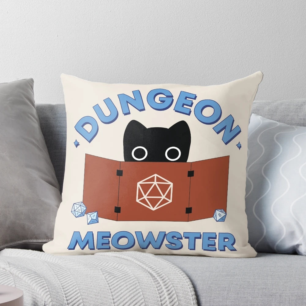 Dungeon Meowster Screen Pillow featuring a black cat and polyhedral dice