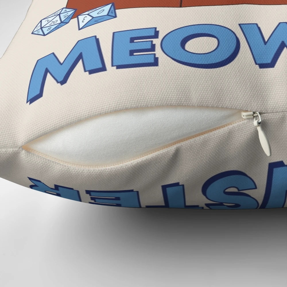 Dungeon Meowster Screen Pillow featuring a black cat and polyhedral dice