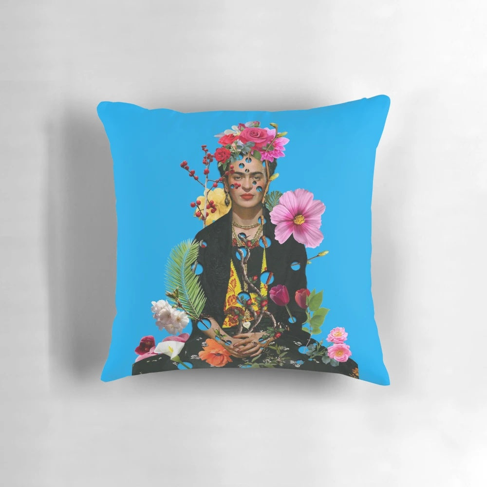 Vibrant collage pillow design featuring the iconic Frida Kahlo, celebrating female empowerment and artistic expression.