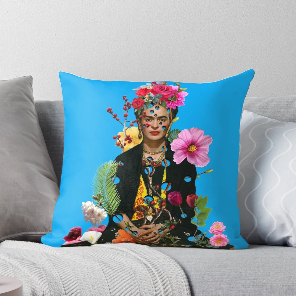 Vibrant collage pillow design featuring the iconic Frida Kahlo, celebrating female empowerment and artistic expression.