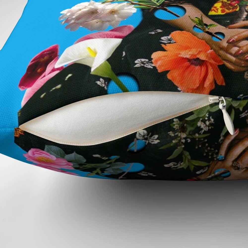 Vibrant collage pillow design featuring the iconic Frida Kahlo, celebrating female empowerment and artistic expression.