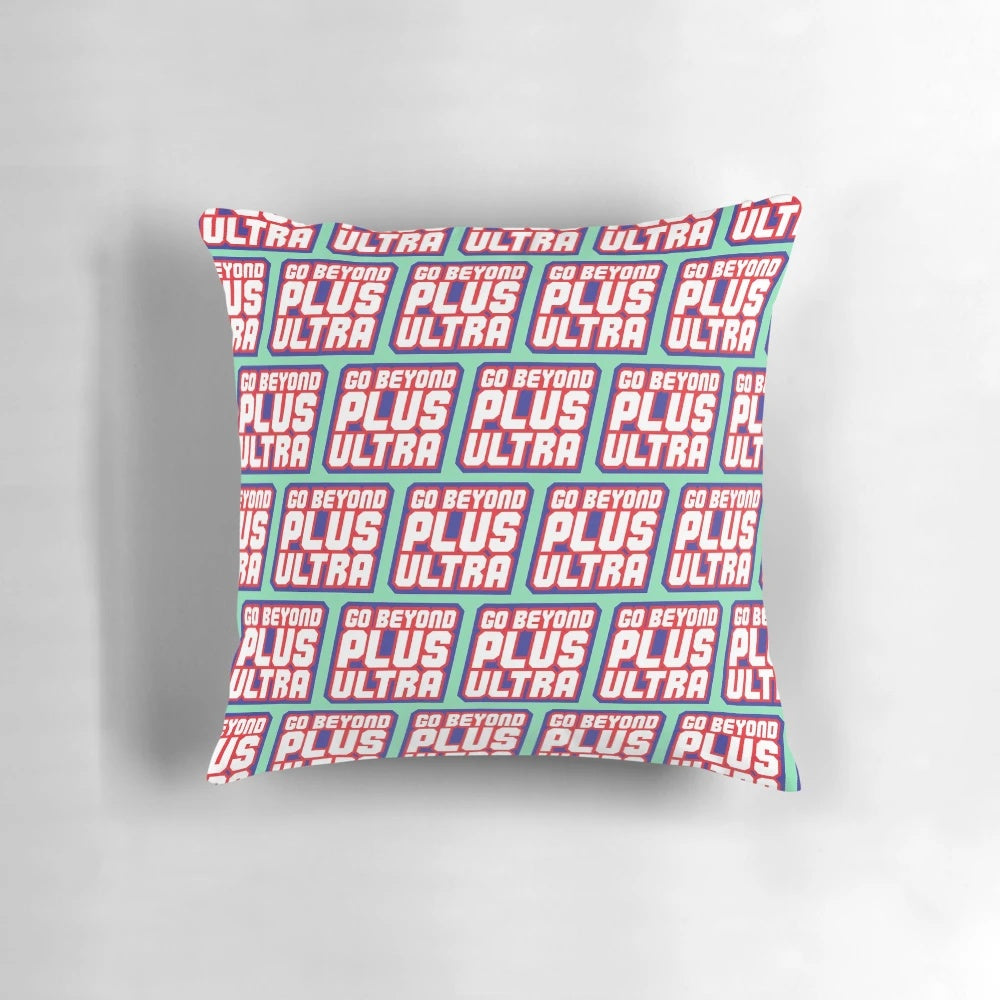 My Hero Academia Plus Ultra Pillow featuring characters Deku, Bakugo, and All Might