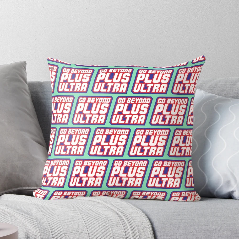 My Hero Academia Plus Ultra Pillow featuring characters Deku, Bakugo, and All Might