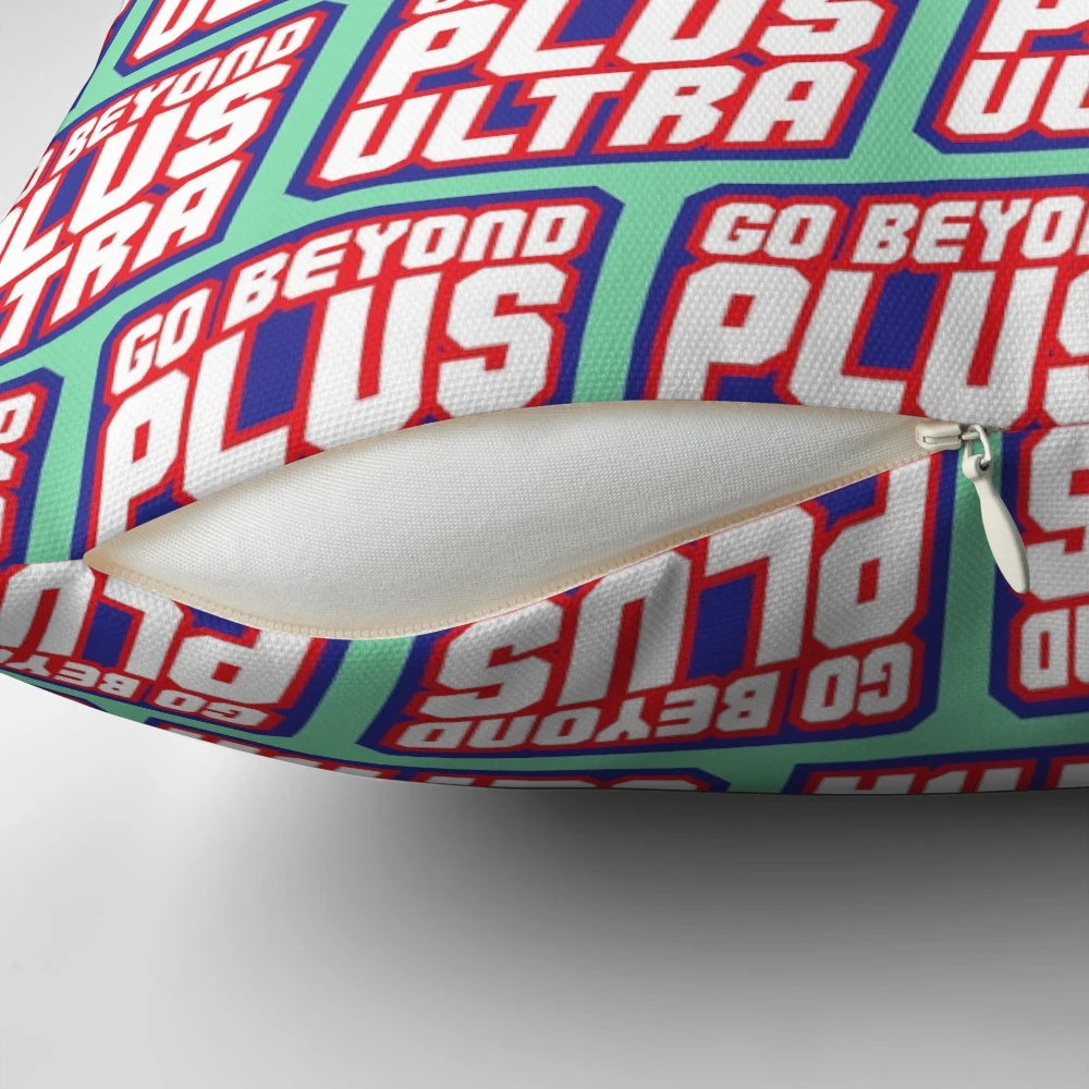 My Hero Academia Plus Ultra Pillow featuring characters Deku, Bakugo, and All Might