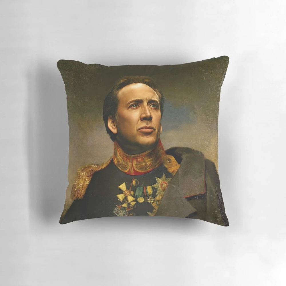 A plush pillow featuring the iconic face of actor Nicolas Cage