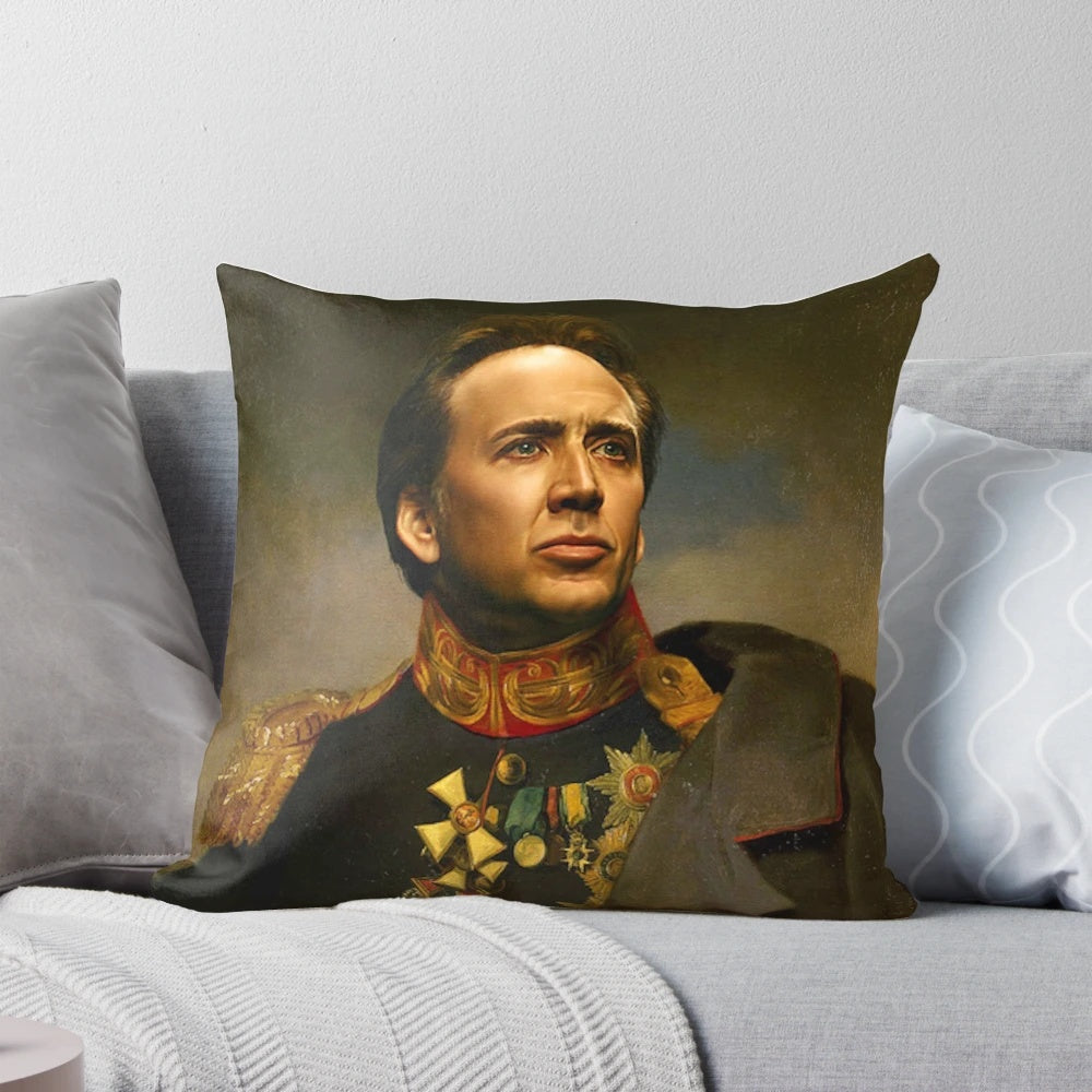 A plush pillow featuring the iconic face of actor Nicolas Cage