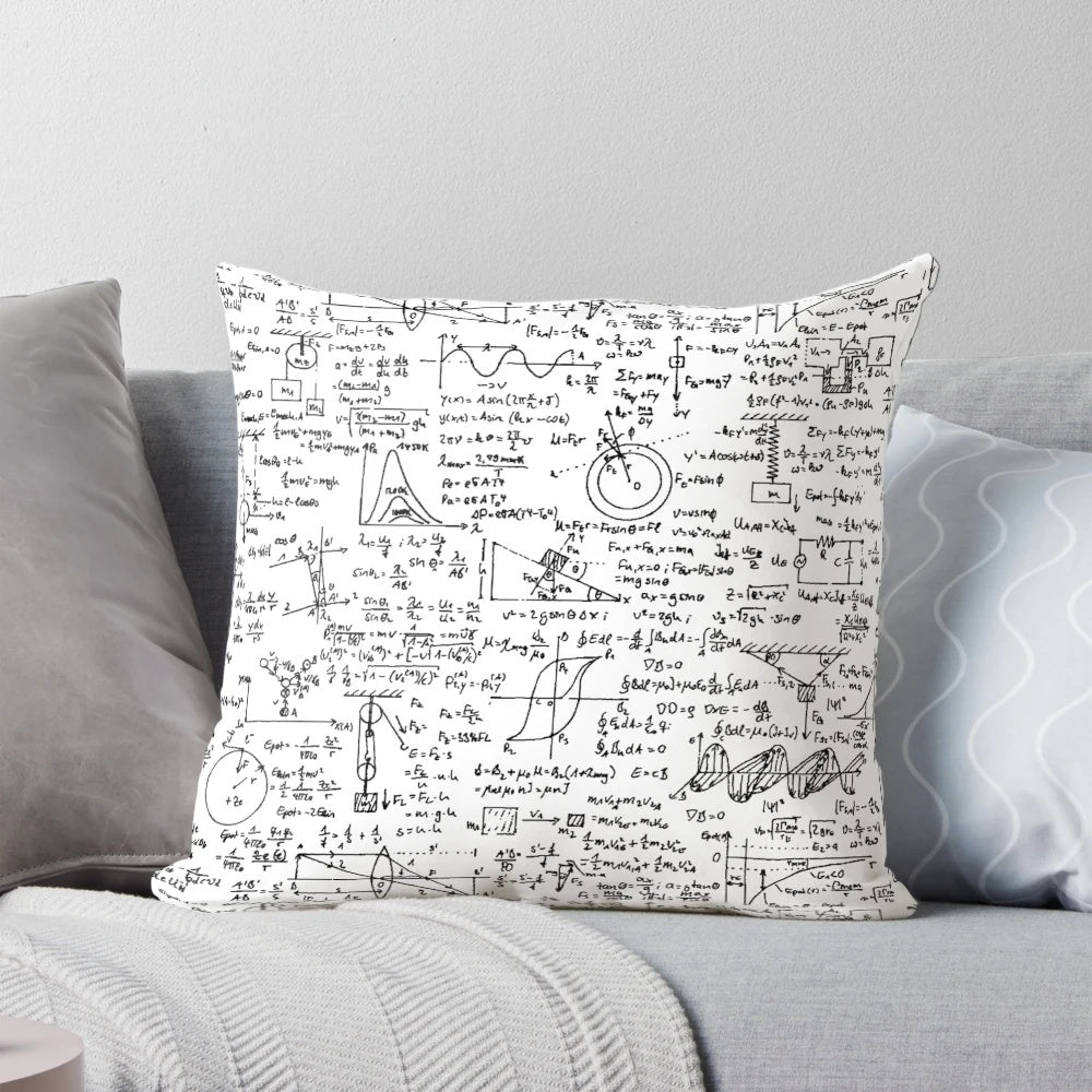 Physics Equations Pillow, featuring various mathematical formulas and equations on a stylish, high-quality cushion.