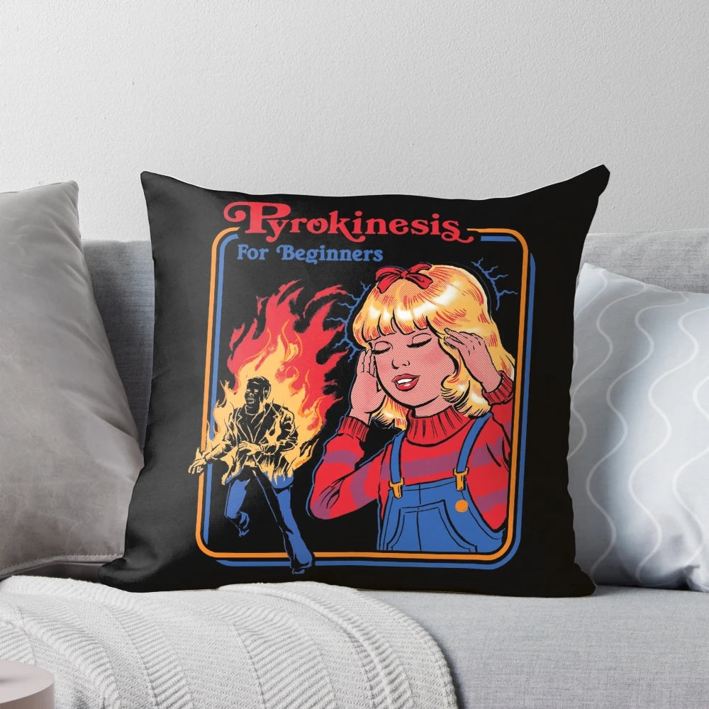 A vintage-style pillow featuring the title "Pyrokinesis for Beginners" with a fiery design.