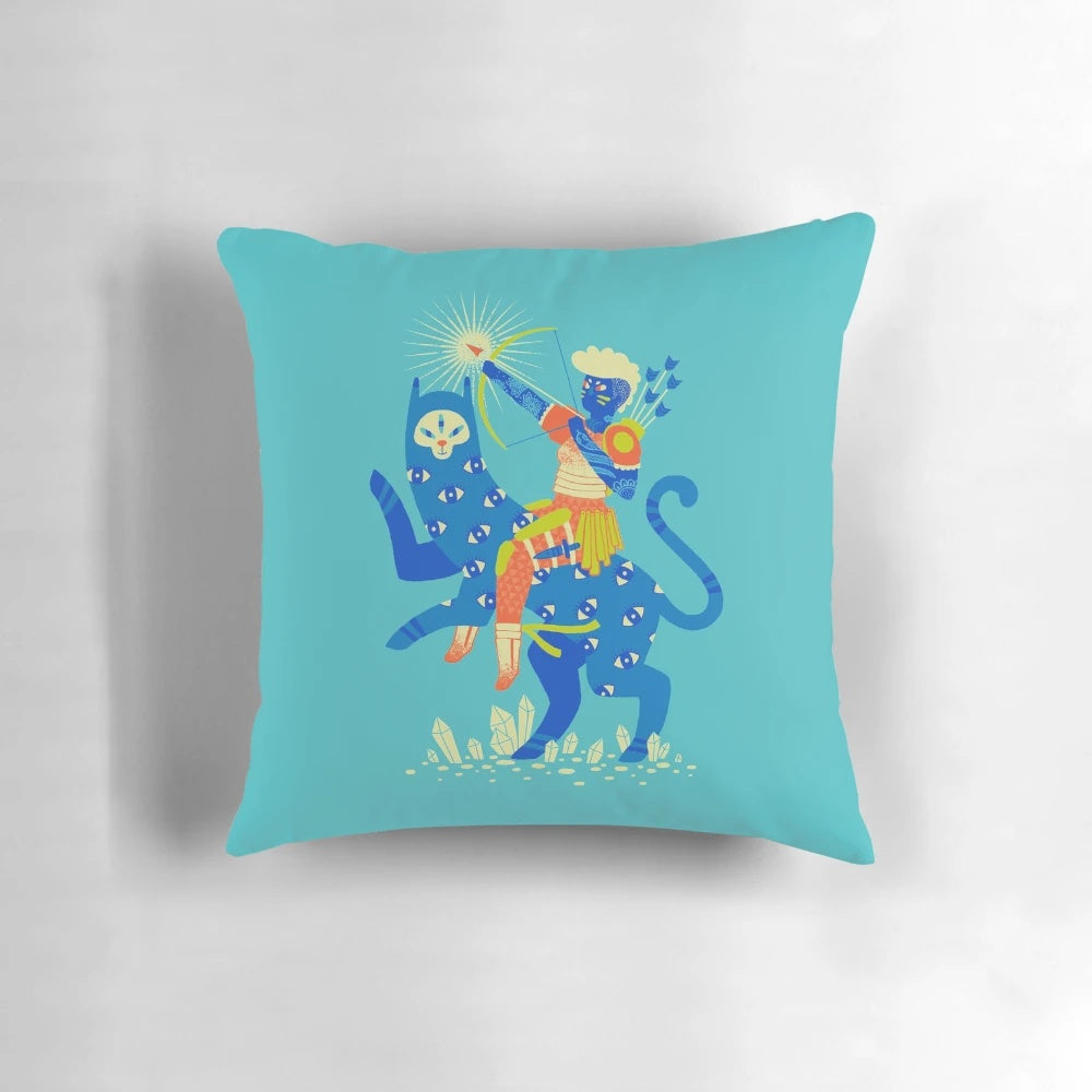 A captivating pillow featuring a warrior cat archer in an adventurous fantasy landscape