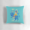 A captivating pillow featuring a warrior cat archer in an adventurous fantasy landscape