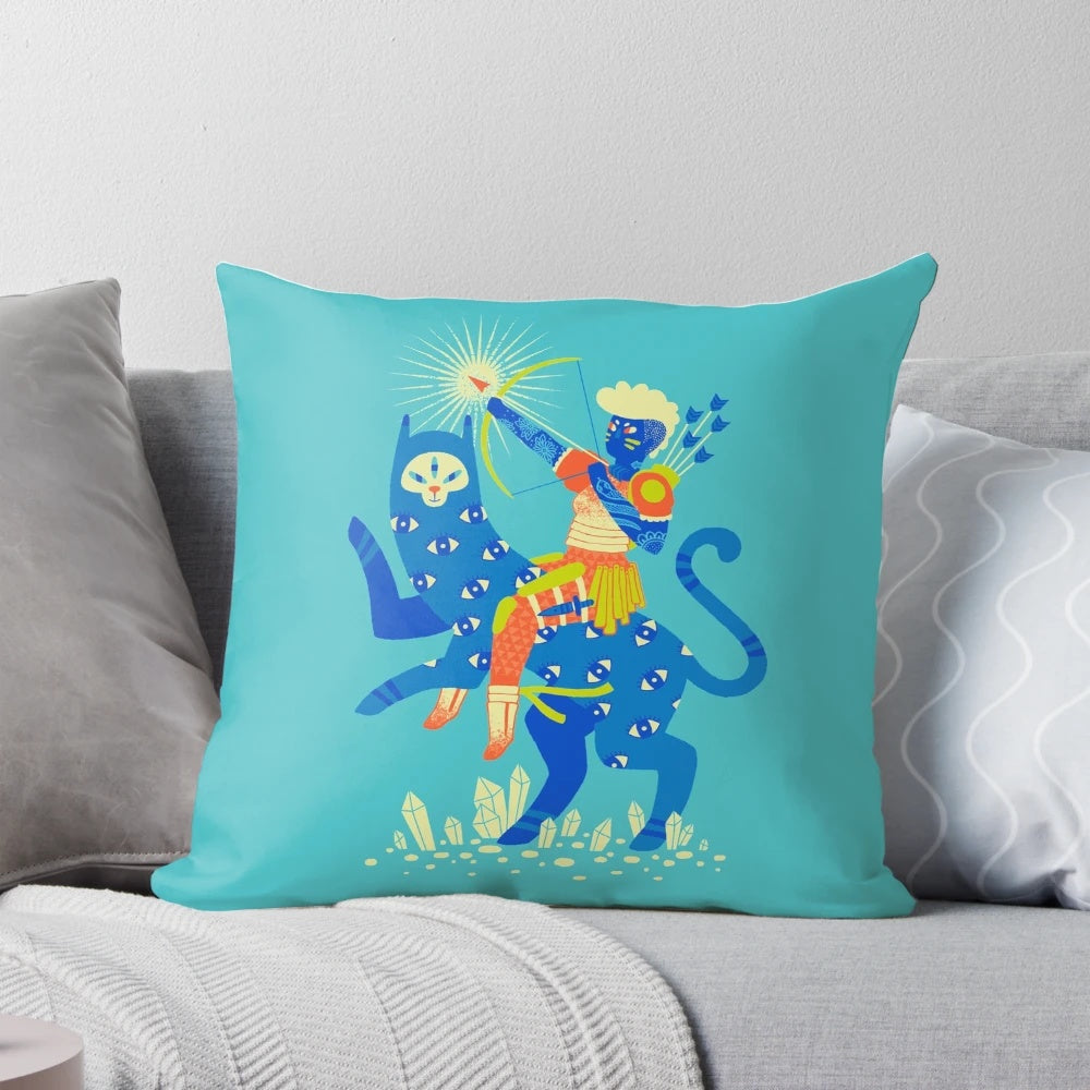 A captivating pillow featuring a warrior cat archer in an adventurous fantasy landscape