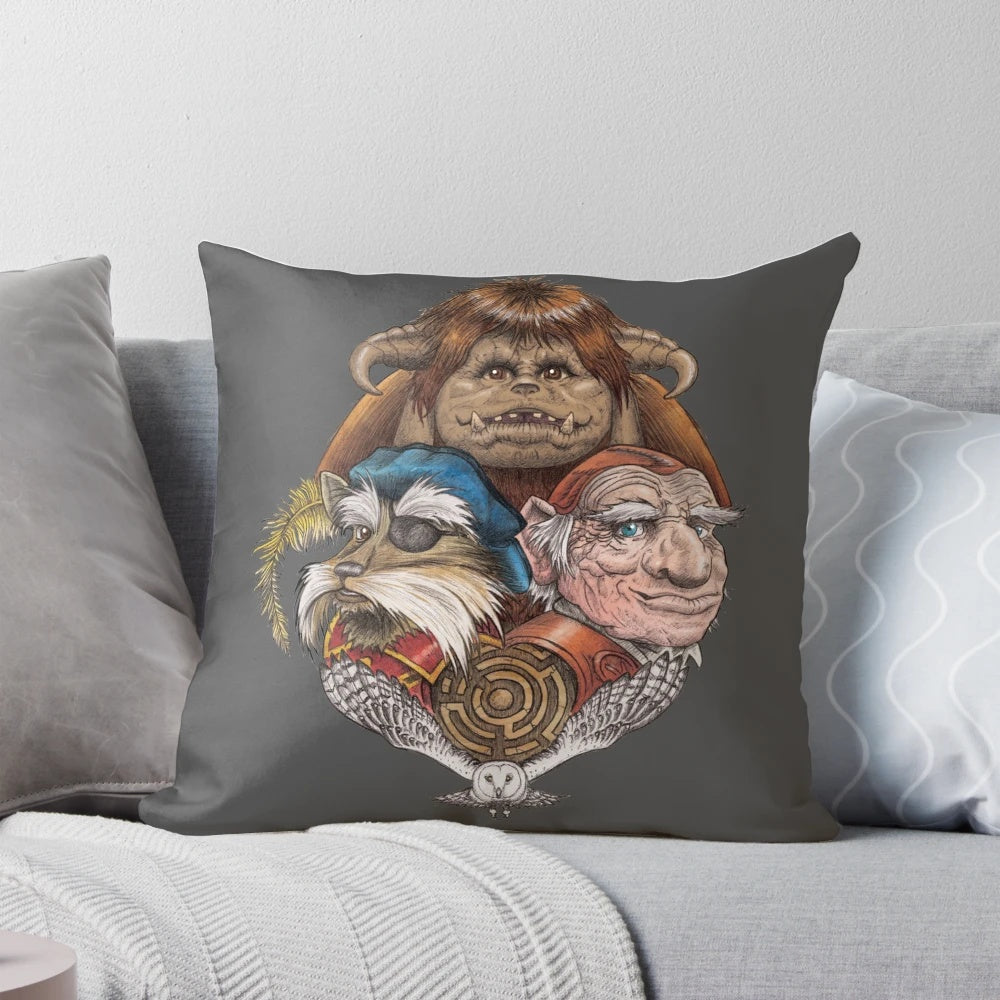 Magical 80s fantasy pillow featuring characters from the cult classic Labyrinth movie