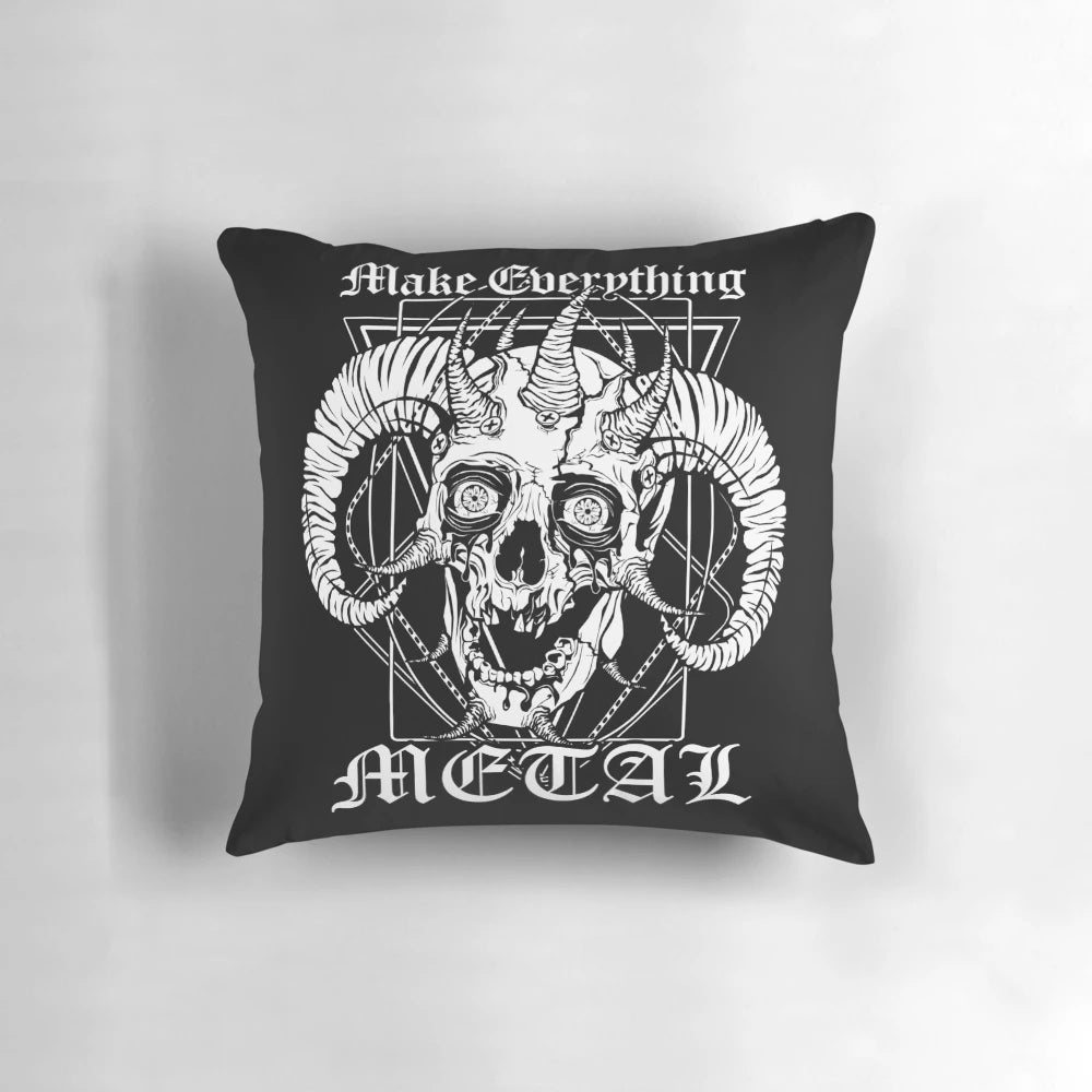 FACEBONES "Make Everything Metal" Pillow, featuring a detailed skull and horns design for a bold, metal-inspired home decor piece.