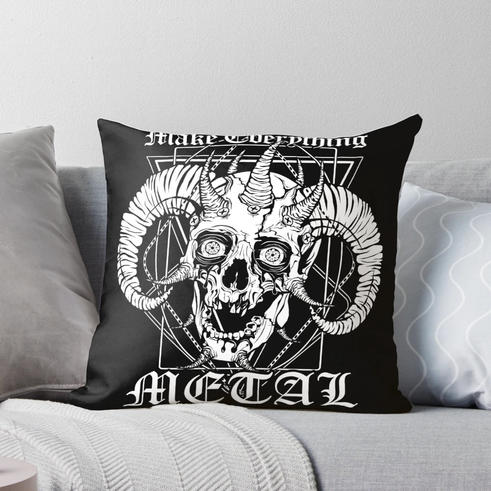 FACEBONES "Make Everything Metal" Pillow, featuring a detailed skull and horns design for a bold, metal-inspired home decor piece.