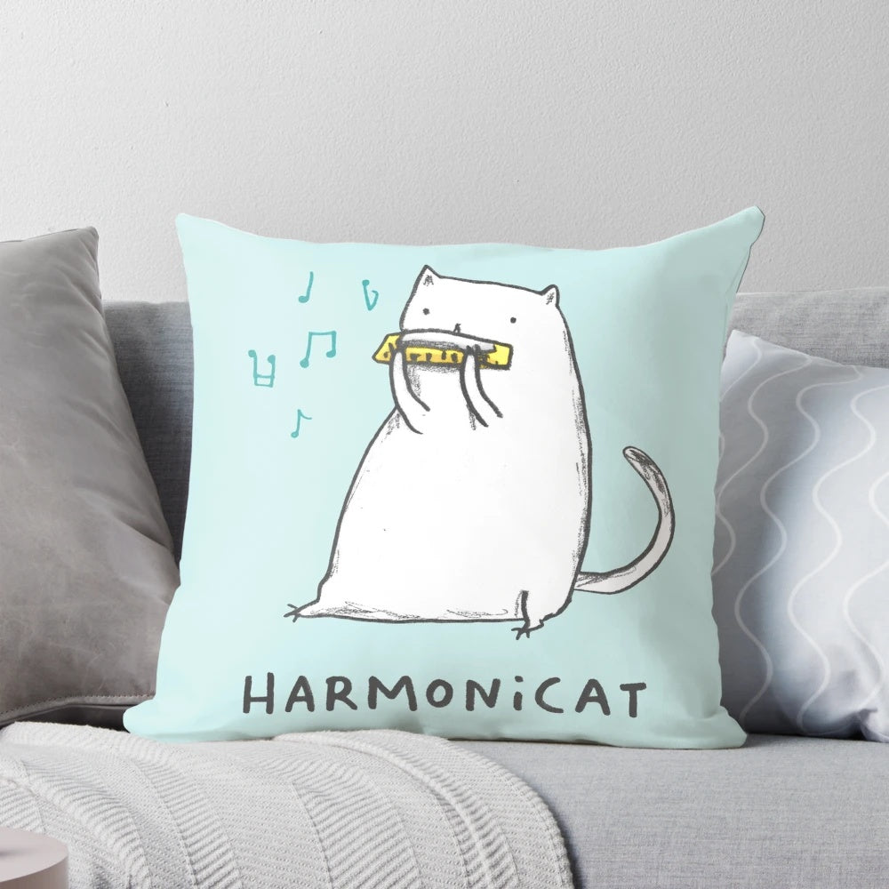 Harmonicat Pillow featuring a cute cat playing a harmonica, perfect for music lovers and pet owners