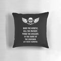 A plush pillow featuring the text "Let None Survive" alongside ork-themed wargaming miniatures.