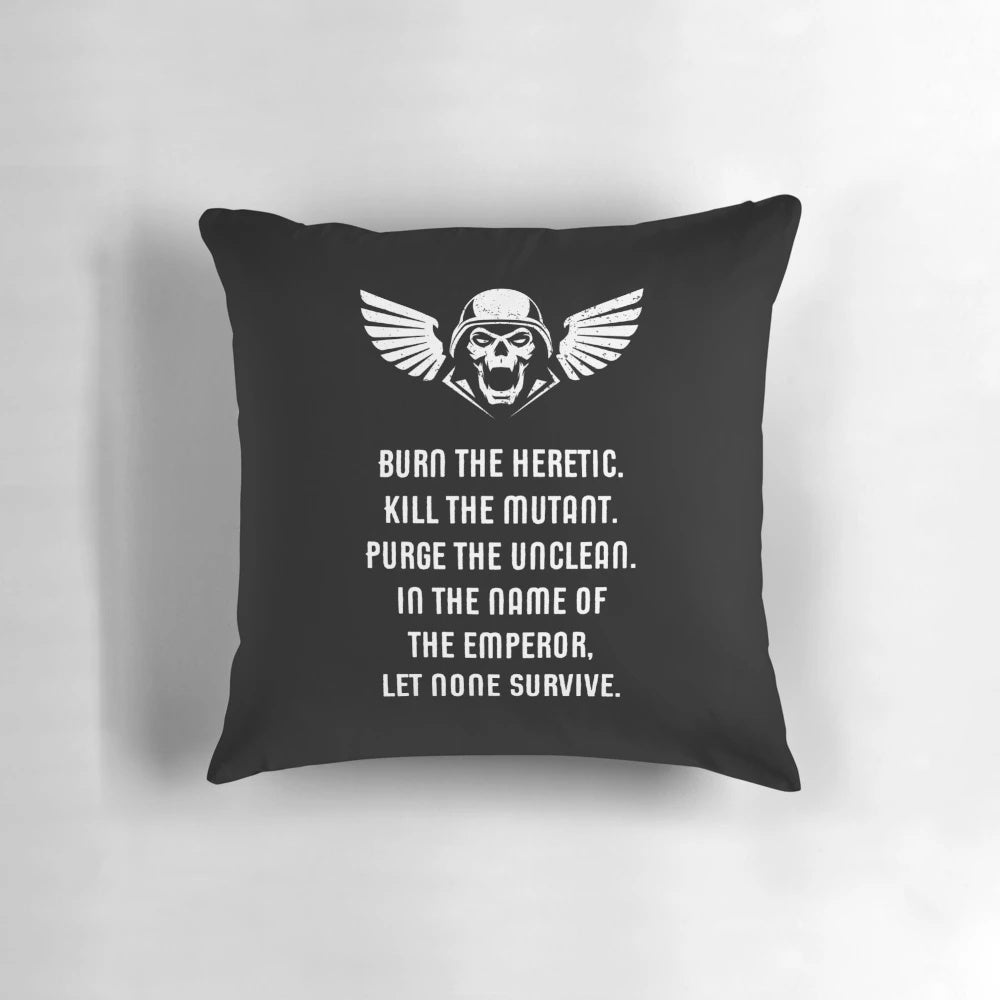 A plush pillow featuring the text "Let None Survive" alongside ork-themed wargaming miniatures.