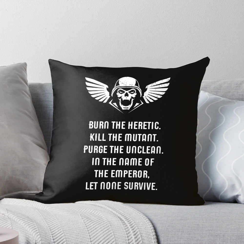 A plush pillow featuring the text "Let None Survive" alongside ork-themed wargaming miniatures.