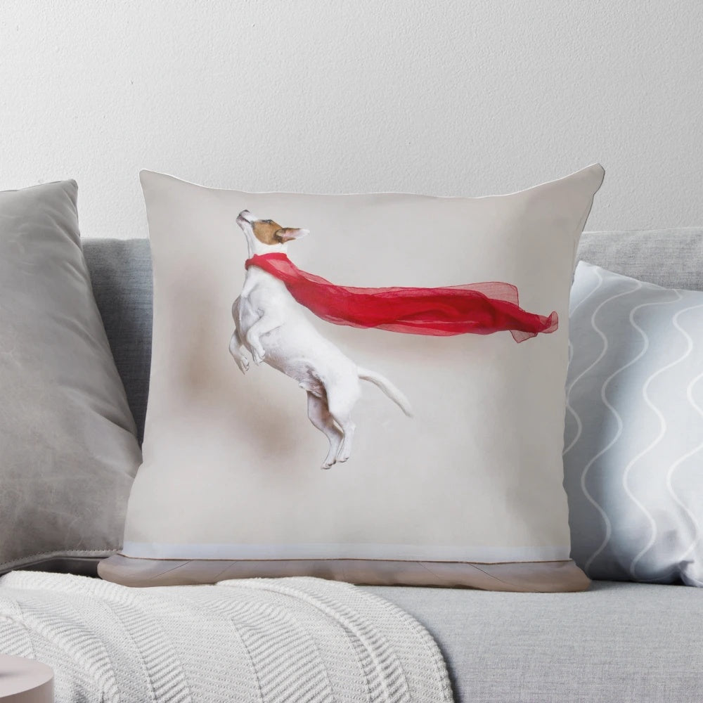 Whimsical image of a dog wearing a superhero cape, resting on a soft pillow