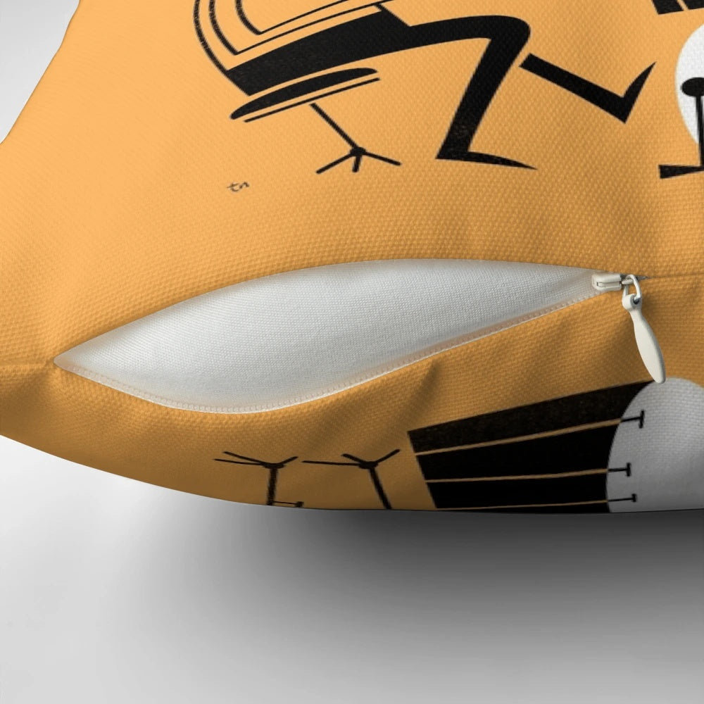 A vibrant and playful pillow featuring a graphic design of drums and the phrase "Play That Beat