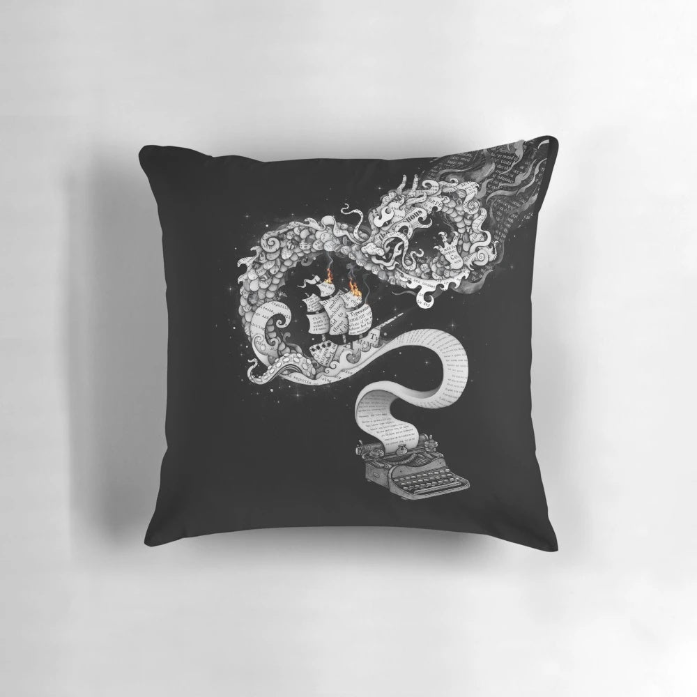 Unleashed Fantasy Imagination Pillow featuring a surreal, whimsical collage design with dragons, ships, fire, and other artistic elements.