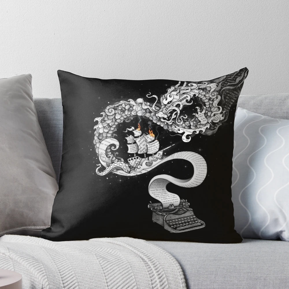 Unleashed Fantasy Imagination Pillow featuring a surreal, whimsical collage design with dragons, ships, fire, and other artistic elements.