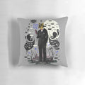 Surreal and abstract pillow design featuring clouds, stars, sun, moon, and a sly fox, evoking a dreamlike, psychedelic state of mind.