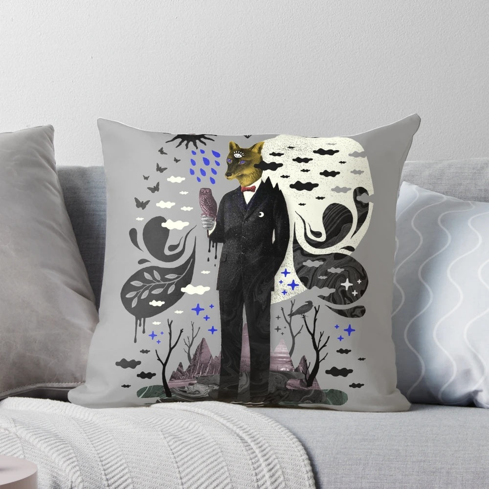 Surreal and abstract pillow design featuring clouds, stars, sun, moon, and a sly fox, evoking a dreamlike, psychedelic state of mind.