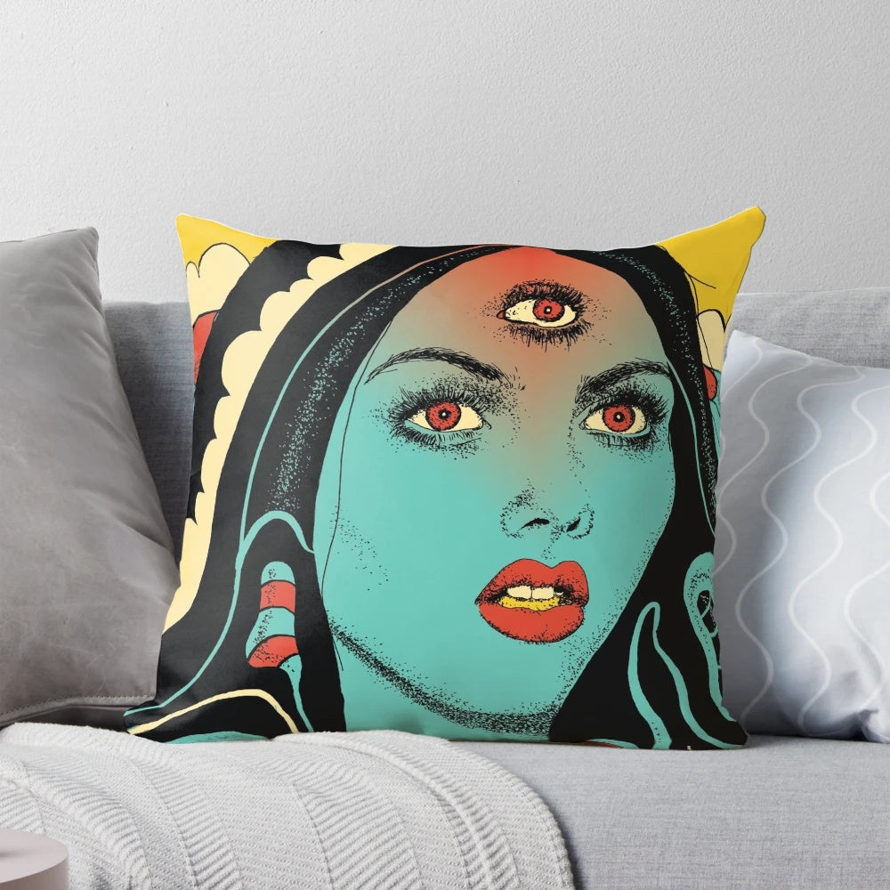 Vibrant yellow divination pillow with occult and psychedelic design, perfect for awakening your third eye and enhancing your psychic abilities.