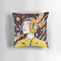The Overthinker Pillow featuring a surreal, symbolic design of a girl's face and various dream-like elements.