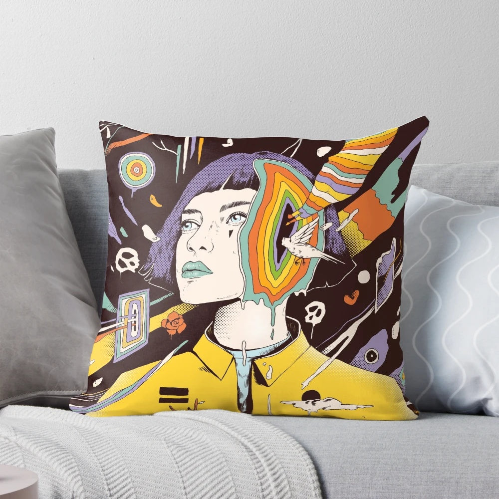 The Overthinker Pillow featuring a surreal, symbolic design of a girl's face and various dream-like elements.