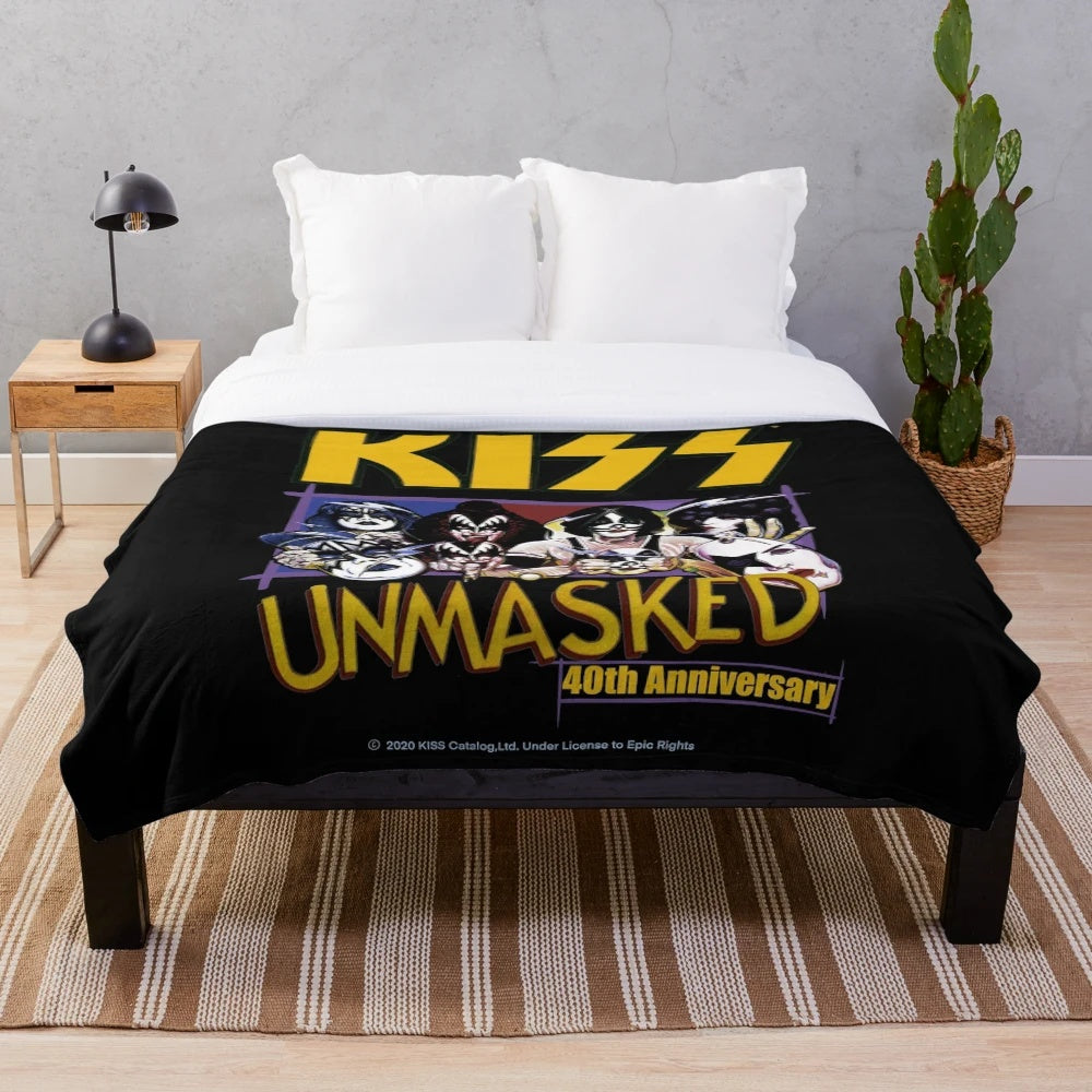 Unmasked Kiss band fan art design on a plush blanket