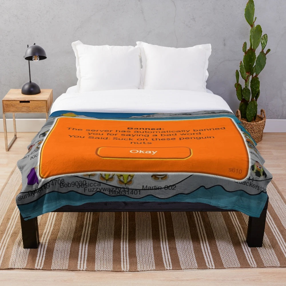 Club Penguin-inspired plush blanket with banned game humor