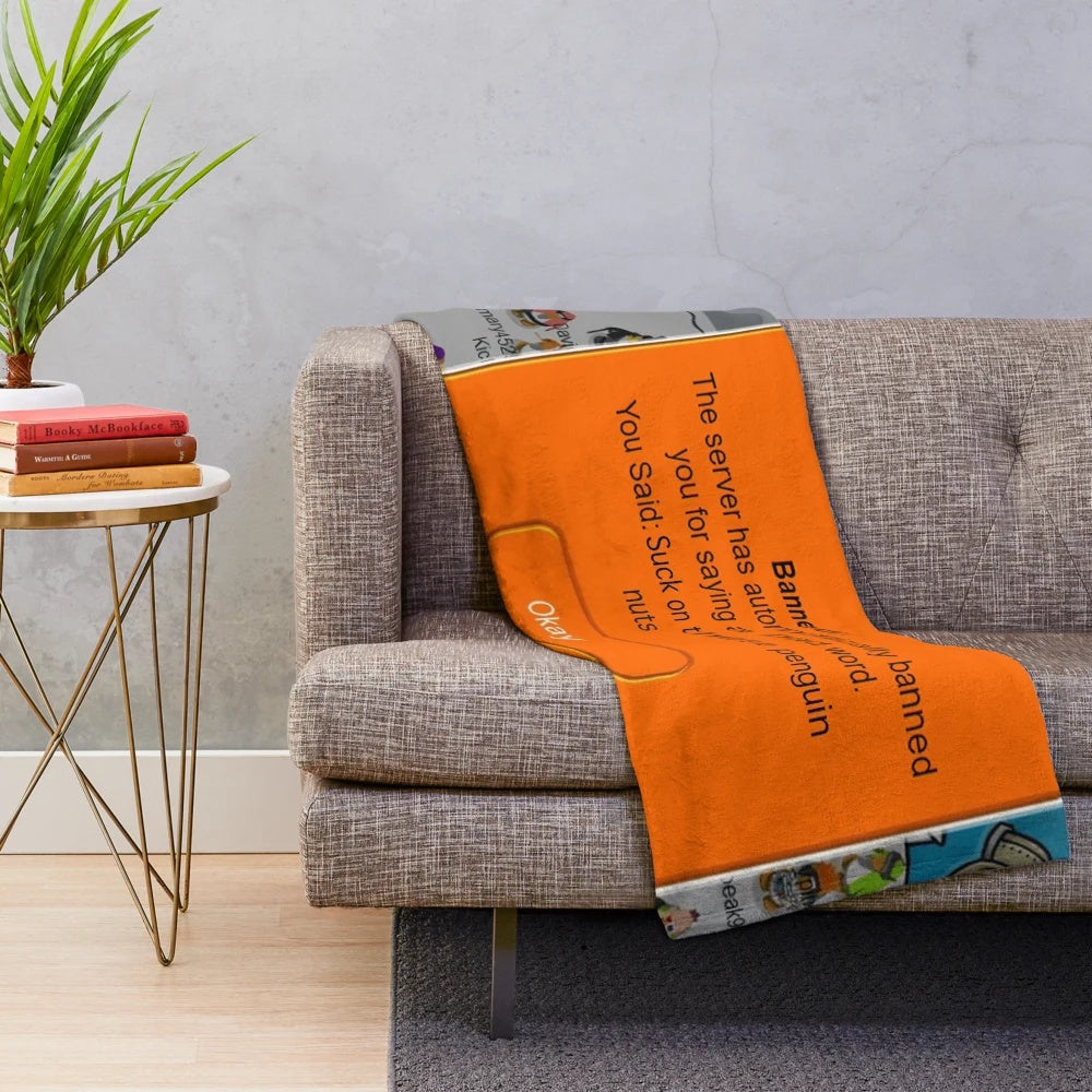 Club Penguin-inspired plush blanket with banned game humor