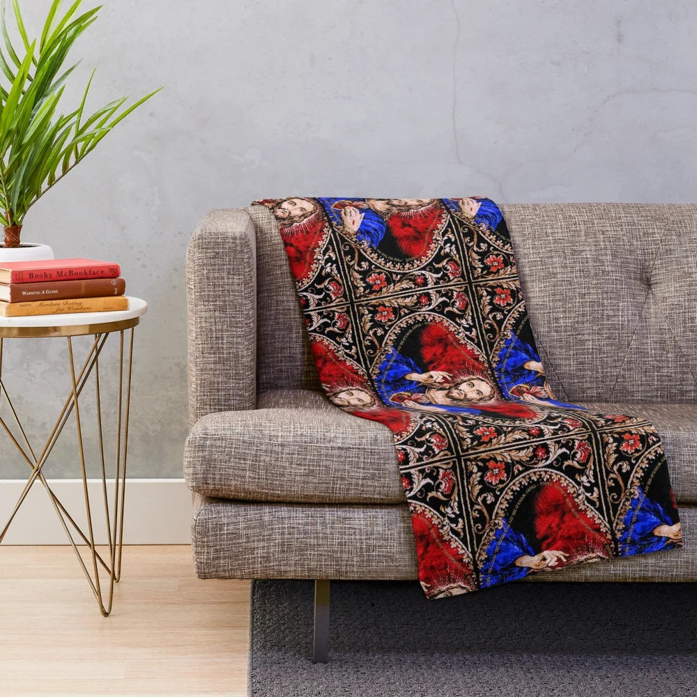 Father Ted inspired plush blanket with scared heart and religious imagery