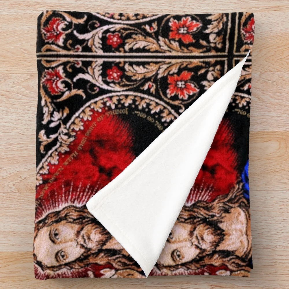 Father Ted inspired plush blanket with scared heart and religious imagery