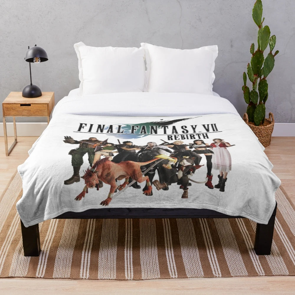 Final Fantasy VII inspired plush blanket featuring characters like Cloud Strife and Sephiroth