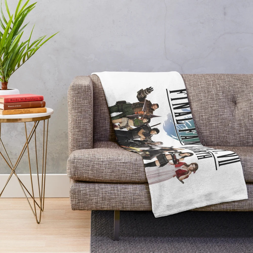 Final Fantasy VII inspired plush blanket featuring characters like Cloud Strife and Sephiroth